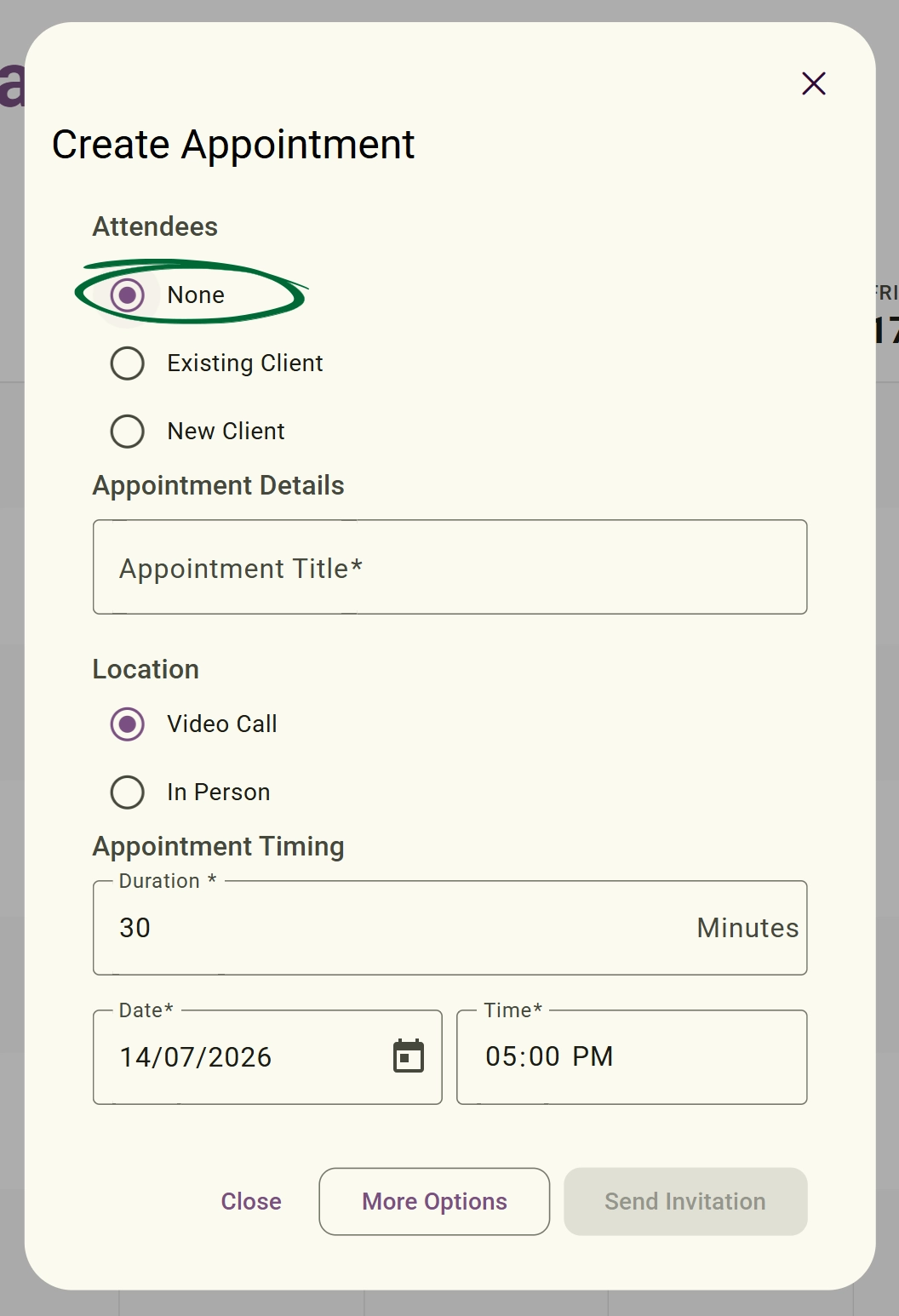 Select 'None' for attendees screenshot
